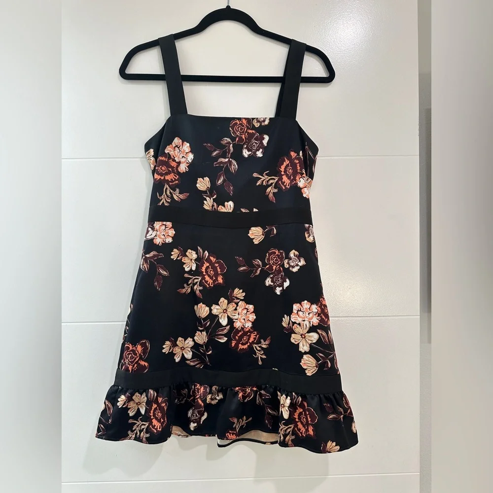 NBD Revolve Ashlynn Black Floral Satin Mini Dress Ruffle Hem Elegant & Flirty S - Picture 9 of 12